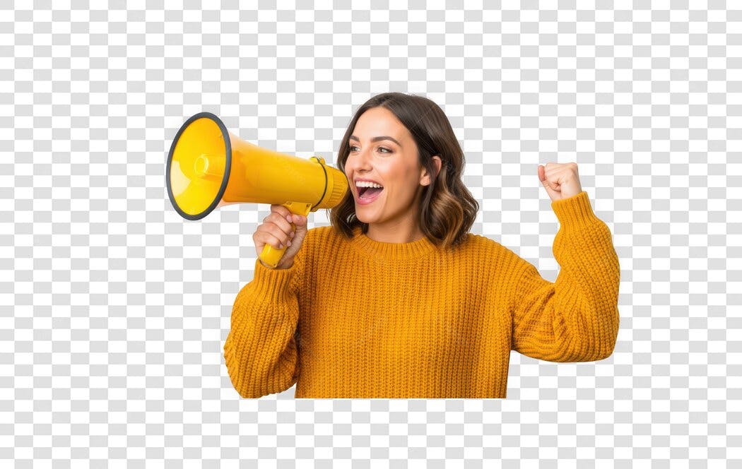 Foto Recortada Mulher Megafone Amarelo Anúncio PNG Fundo Transparente