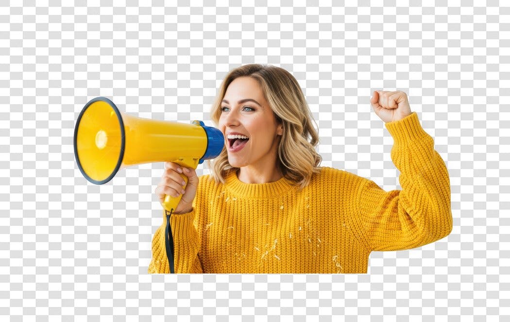 Foto Recortada Mulher Megafone Amarelo Anúncio PNG Fundo Transparente