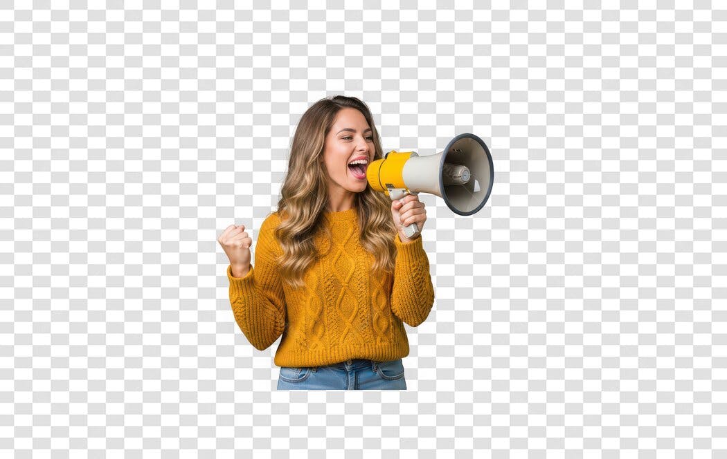 Foto Recortada Mulher Megafone Anunciando PNG Fundo Transparente