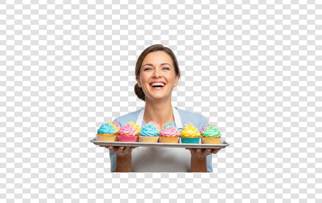 Foto Recortada Mulher Sorrindo Cupcakes Coloridos PNG Fundo Transparente
