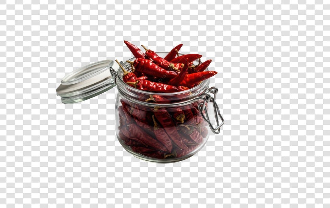 Foto Recortada Pimentas Vermelhas em Pote de Vidro PNG Fundo Transparente