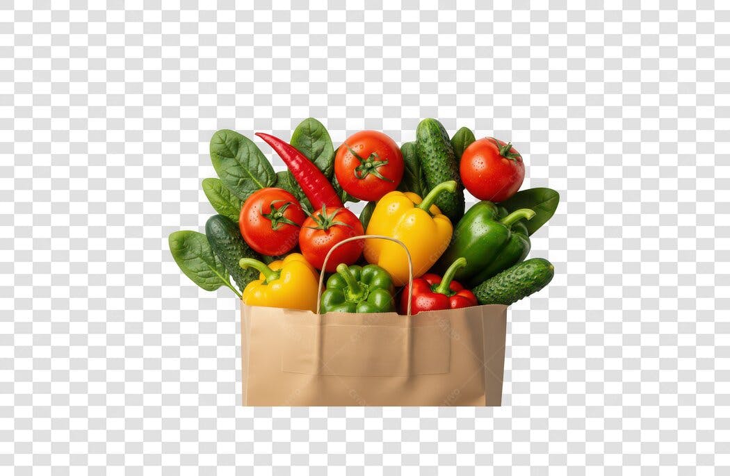 Foto Recortada Sacola de Feira Verduras Legumes PNG Fundo Transparente