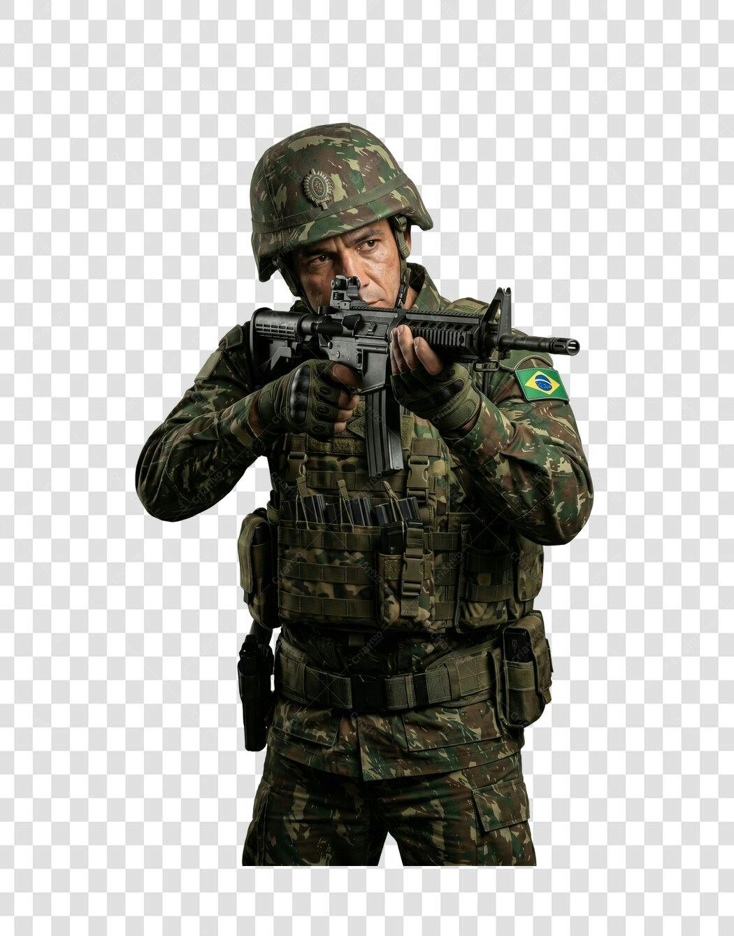 Foto Recortada Soldado Brasileiro Fardado com Fuzil PNG Fundo Transparente