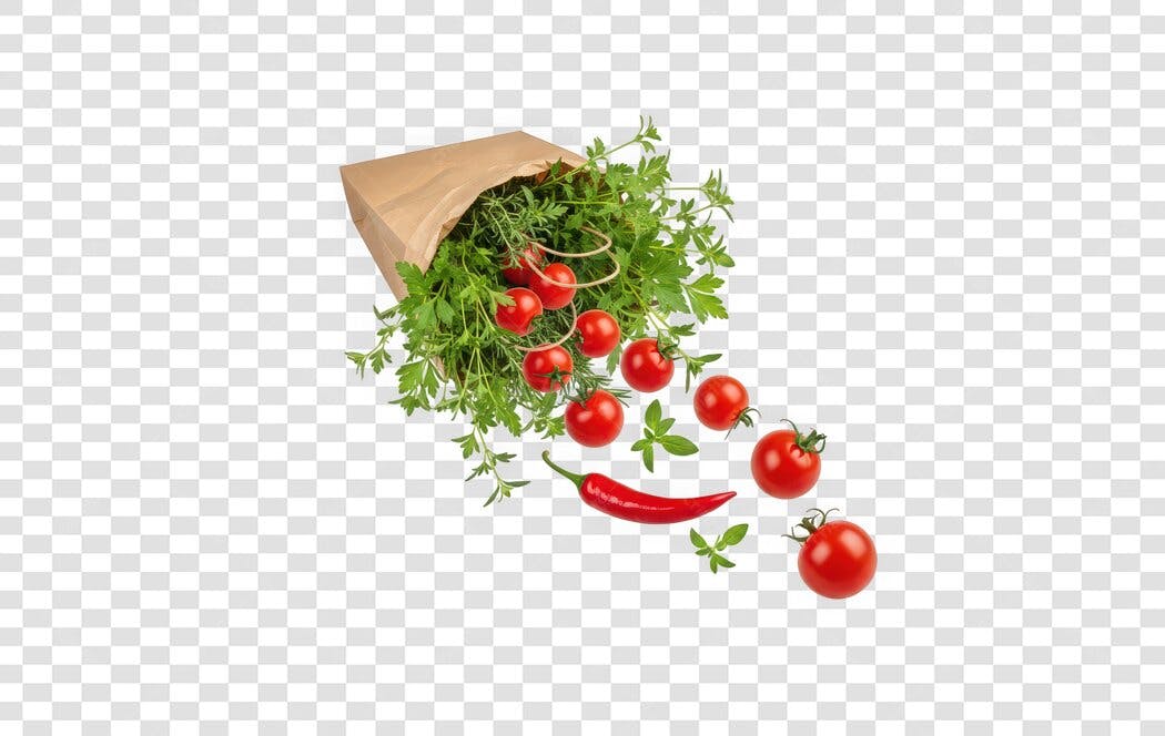 Foto Recortada Tomates Cereja Pimenta Saco Kraft PNG Fundo Transparente