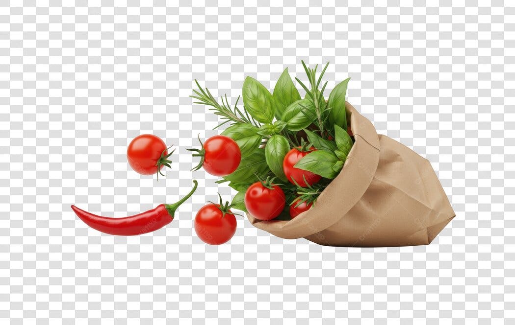 Foto Recortada Tomates Pimenta Ervas Saco Papel PNG Fundo Transparente
