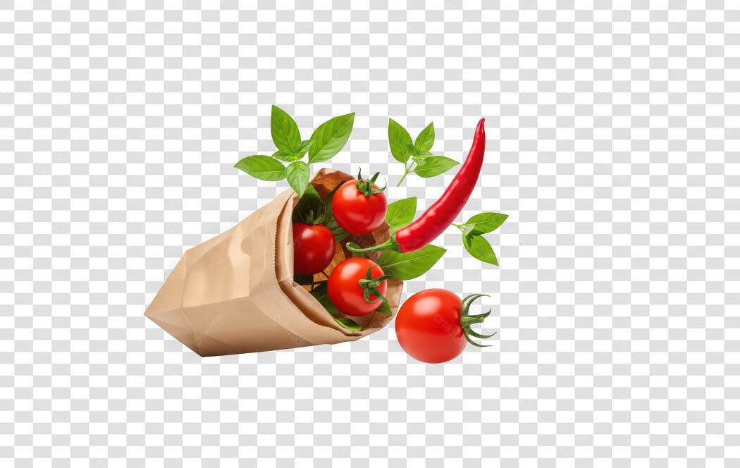 Foto Recortada Tomates Pimenta Manjericão Saco Kraft PNG Fundo Transparente