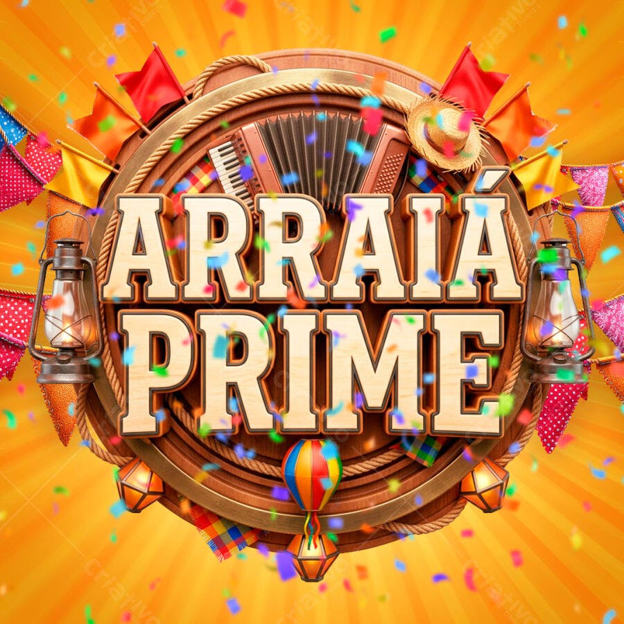 Selo 3D Arraial Prime Festa Junina Dourado PNG Transparente