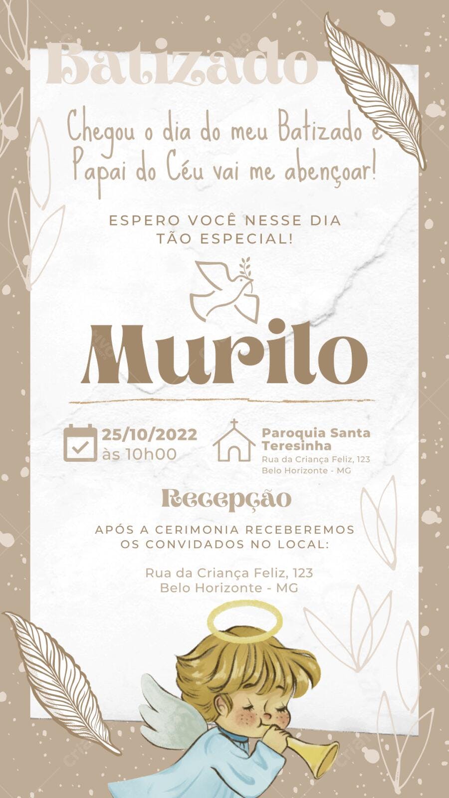 Convite Batizado Anjo Dourado Neutro Editável