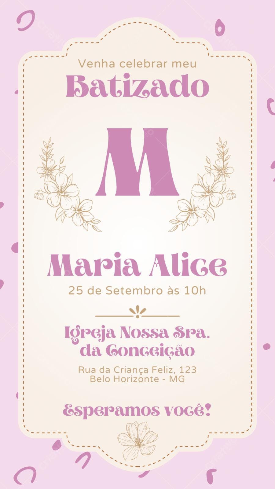Convite Batizado Floral Roxo Rosado Editável
