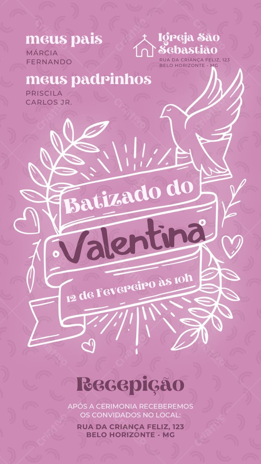 Convite Batizado Menina Pomba da Paz Rosa Editável