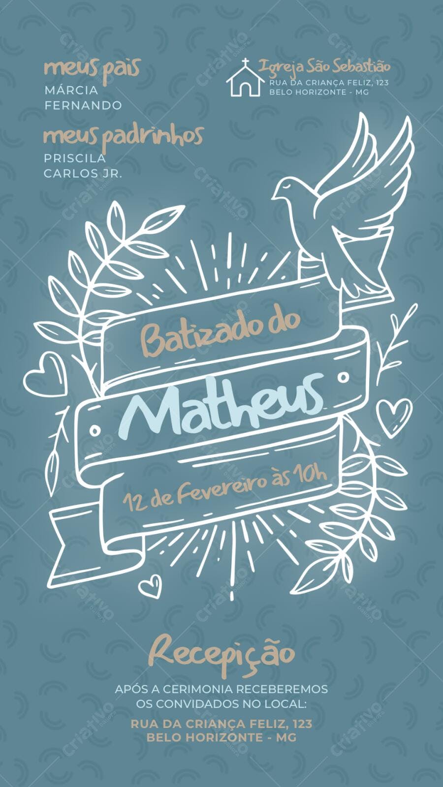 Convite Batizado Menino Pomba da Paz Editável