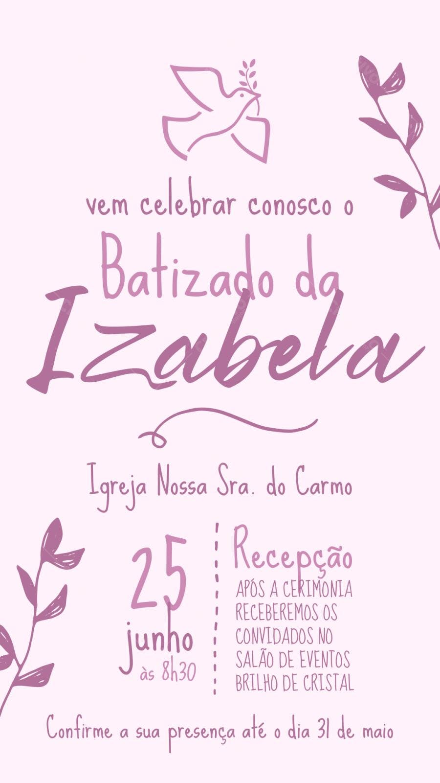 Convite Batizado Pomba da Paz Roxo Lilás Editável