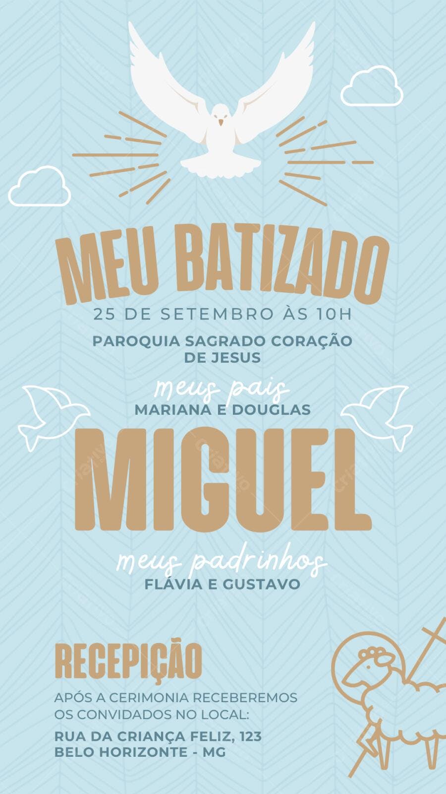 Convite Batizado Pomba Espírito Santo Azul Editável