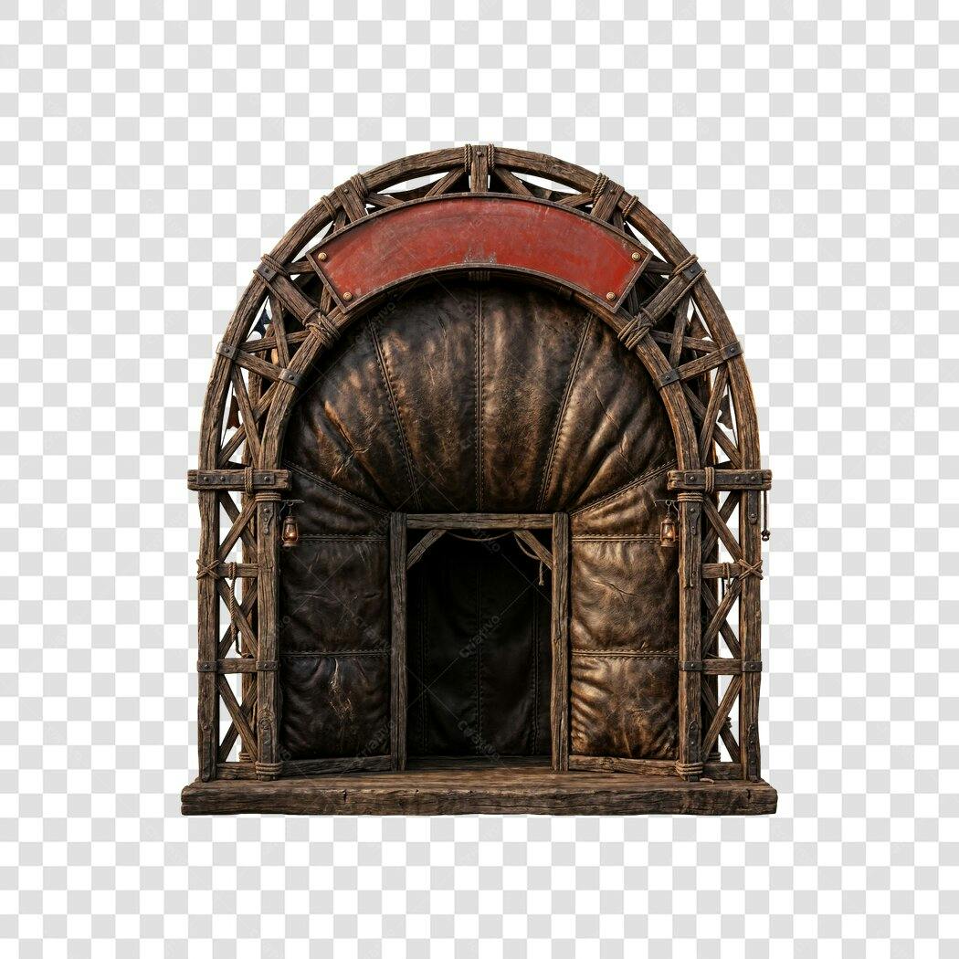 Elemento 3D Entrada Tenda Medieval Madeira Couro PNG Fundo Transparente