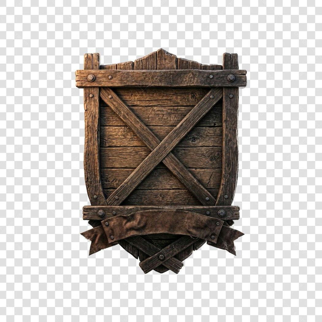 Elemento 3D Escudo de Madeira Rústico PNG Fundo Transparente