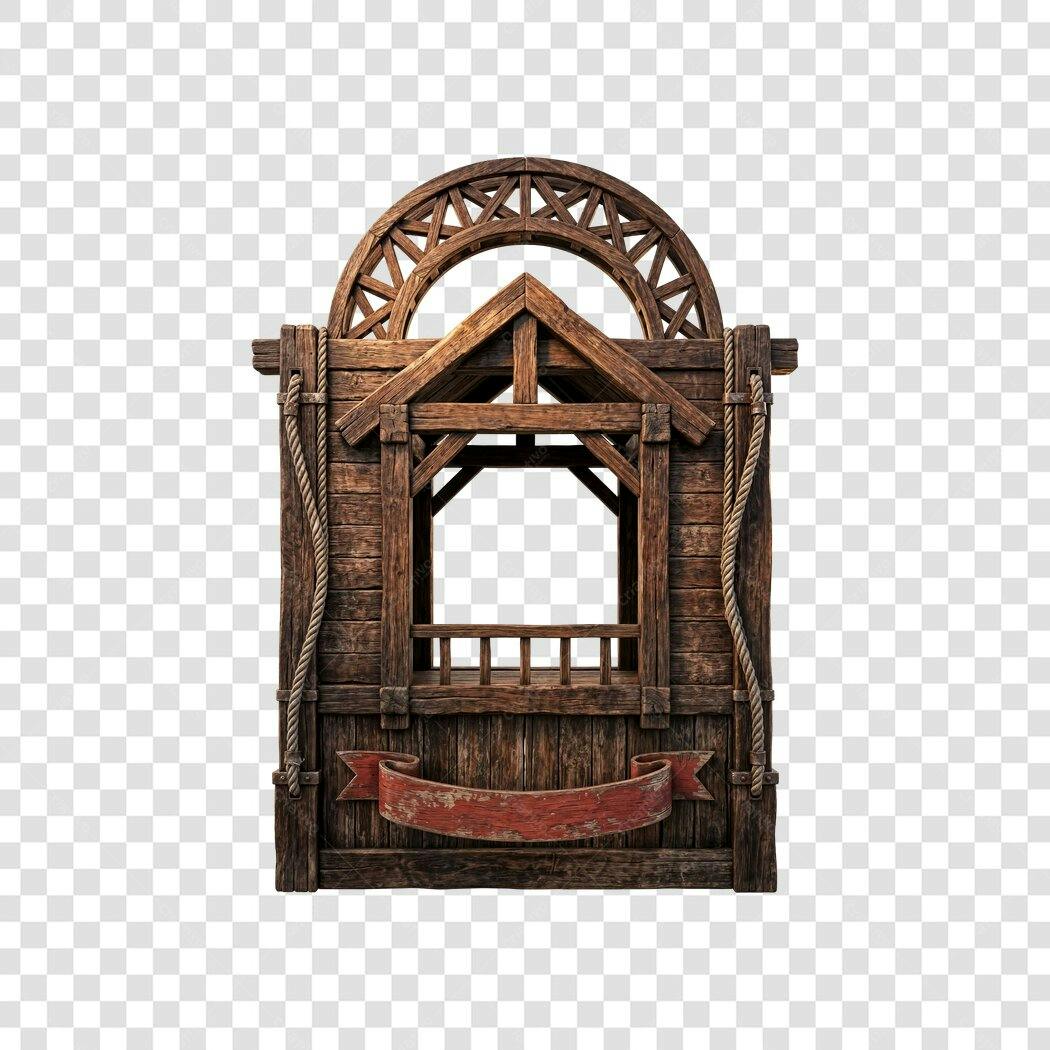 Elemento 3D Janela Rústica Madeira Antiga PNG Fundo Transparente