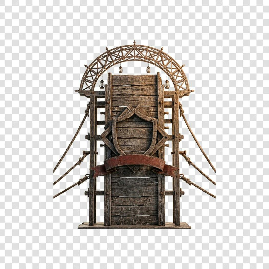 Elemento 3D Portal Medieval Escudo Madeira PNG Fundo Transparente
