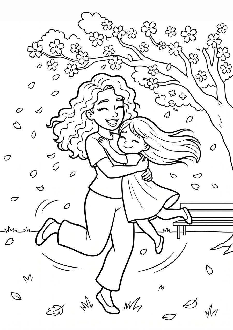 Desenho Mãe e Filha Abraçadas Parque Flores Outono