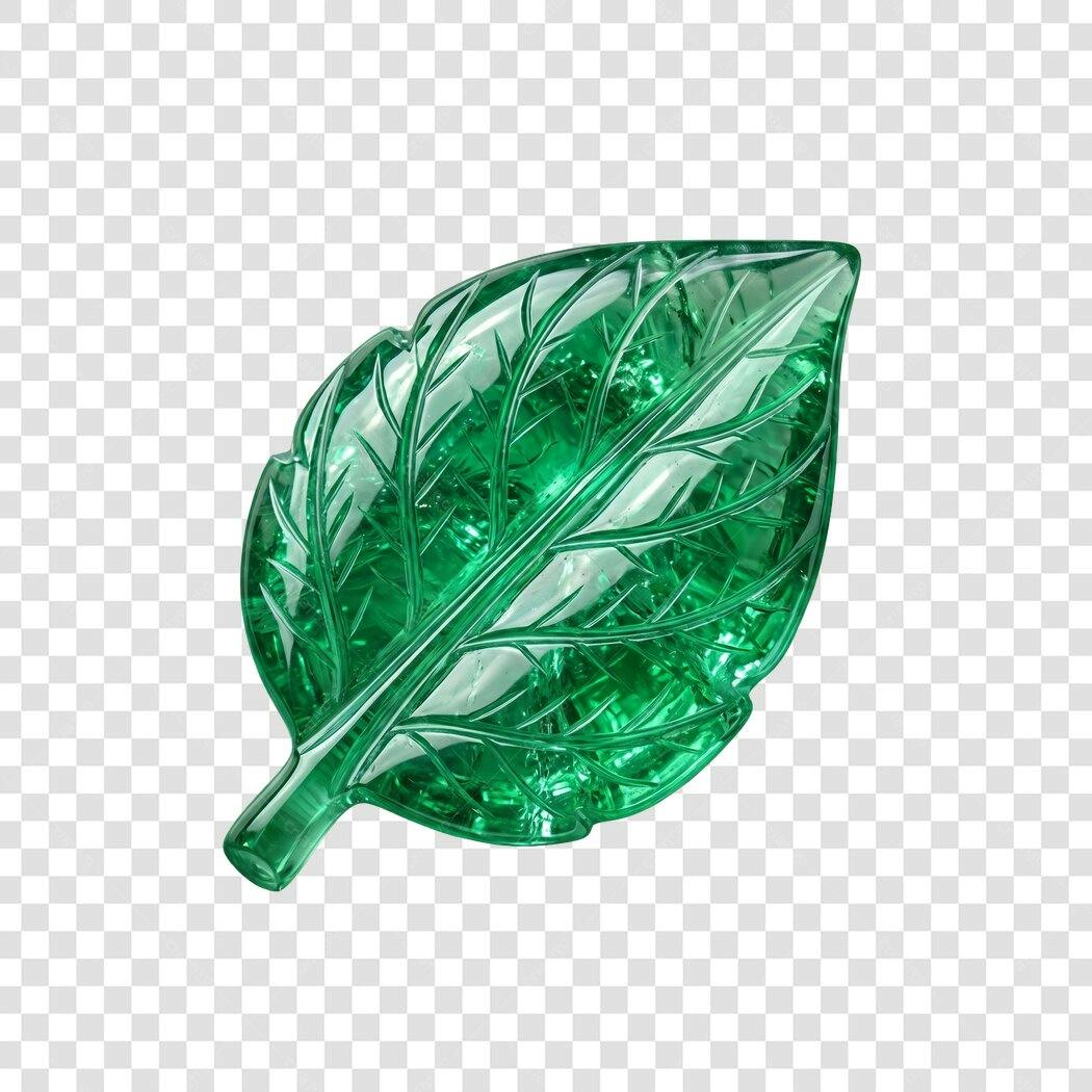 Elemento 3D Folha Verde Esmeralda Cristal PNG Fundo Transparente