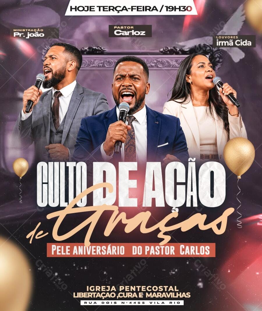 Flyer Culto de Ação de Graças Aniversário Pastor PSD Editável