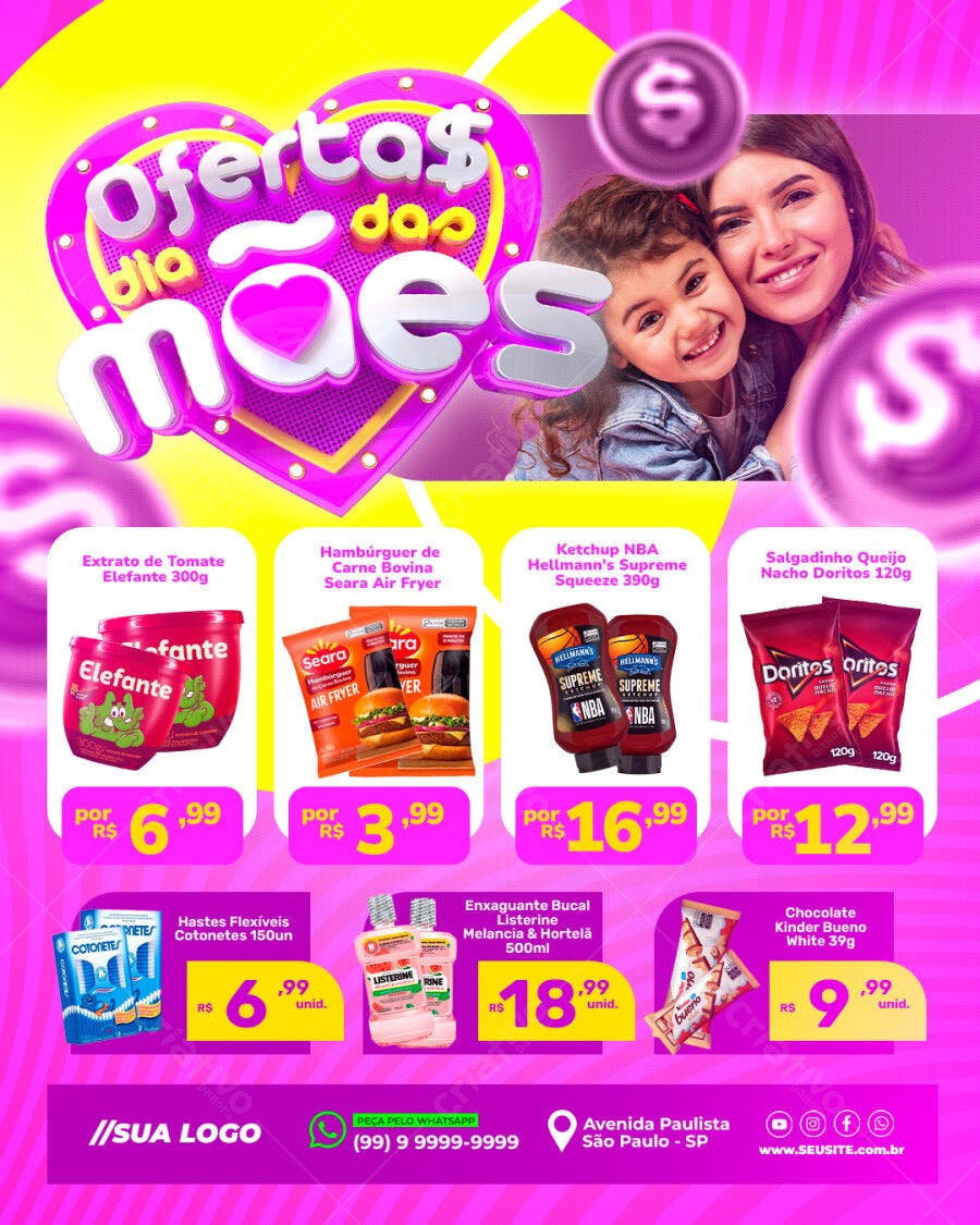 Flyer Dia das Mães Supermercado Ofertas PSD Editável