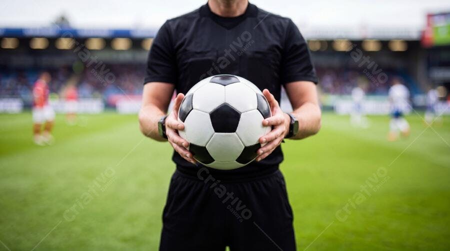 Foto Árbitro de Futebol Segurando Bola Campo Estádio Jogo