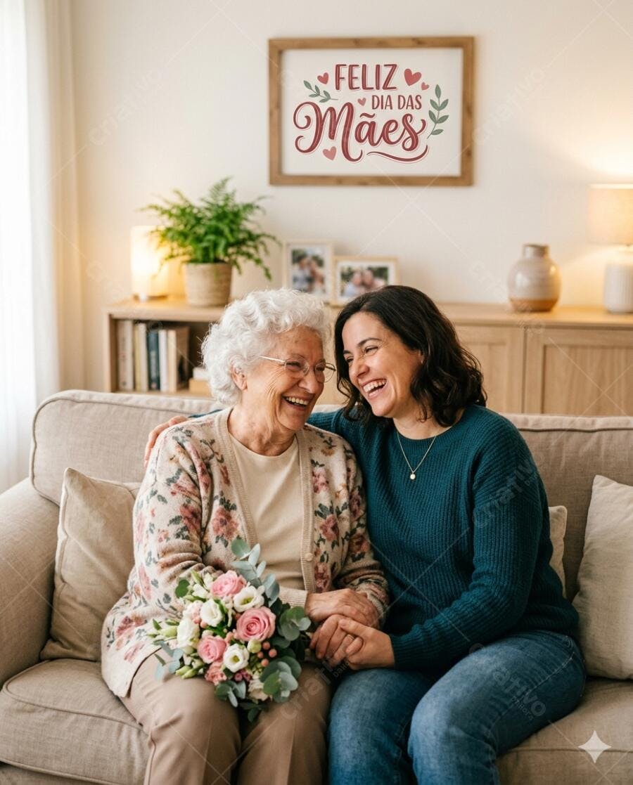 Foto Dia das Mães Avó e Filha Sorrindo Buquê Flores