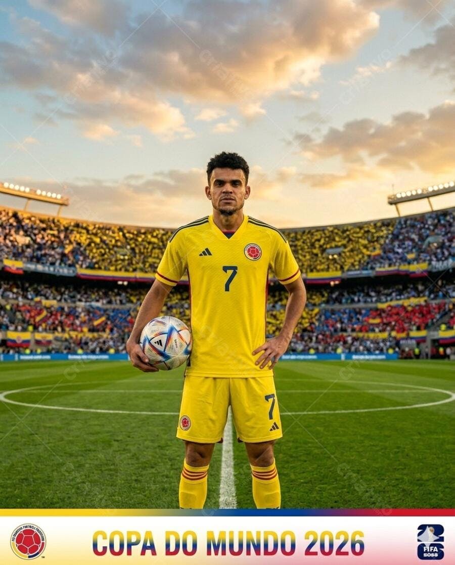 Foto Jogador de Futebol Uniforme Amarelo Estádio Copa do Mundo 2026