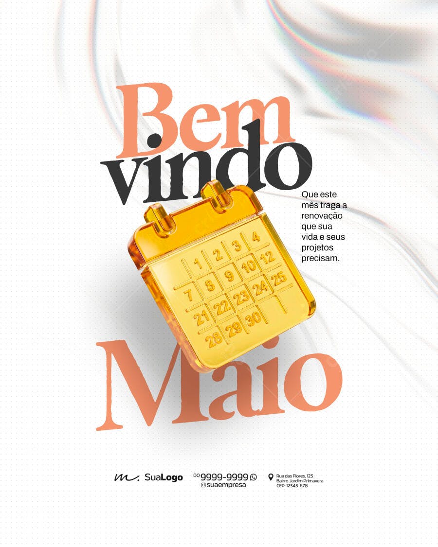 Post Bem-Vindo Maio Calendário Dourado PSD Editável