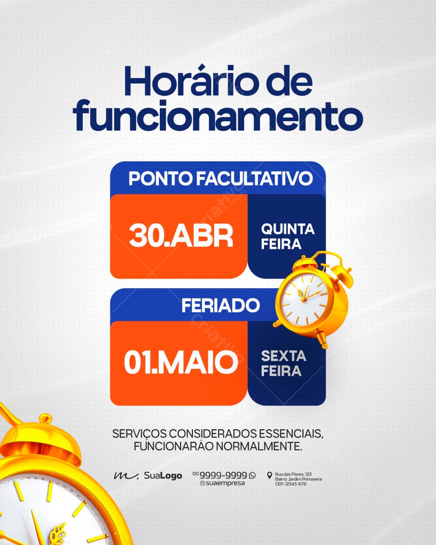 Post Horário Funcionamento Feriado 1 de Maio PSD Editável