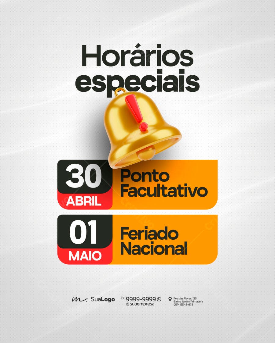 Post Horários Especiais Feriado 1 de Maio PSD Editável