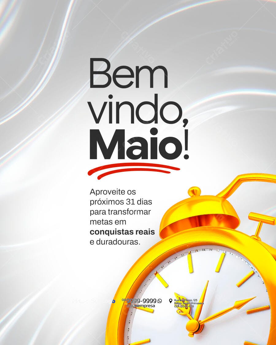 Post Instagram Bem Vindo Maio Relógio Dourado PSD Editável