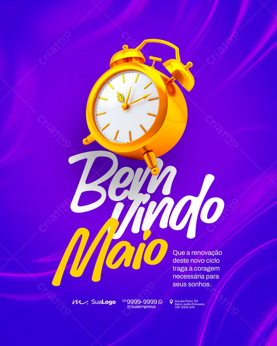 Post Instagram Bem-Vindo Maio Relógio Dourado PSD Editável