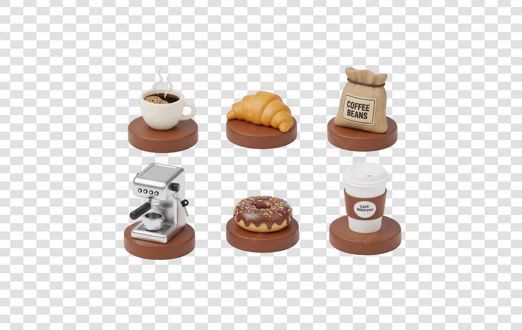 Elemento 3D Café Croissant Donuts Máquina PNG Fundo Transparente