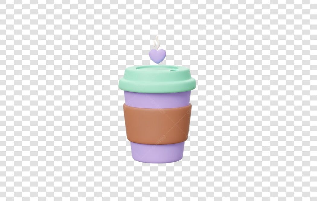 Elemento 3D Copo Café Coração Lilás Verde PNG Fundo Transparente