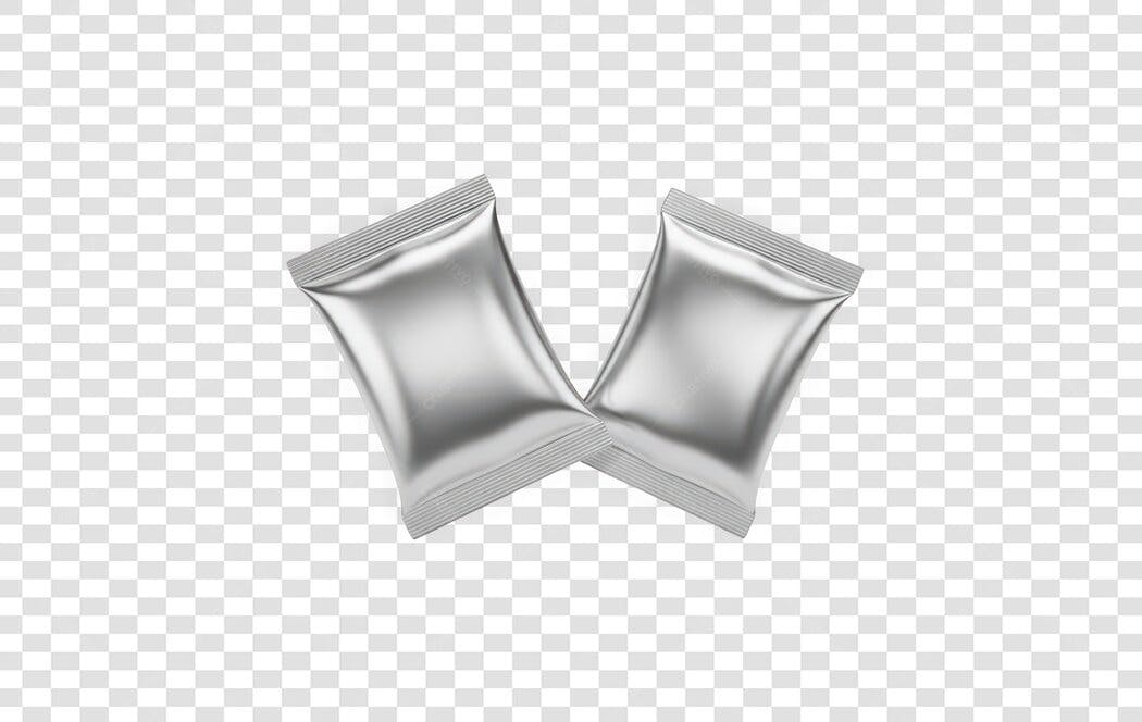 Elemento 3D Embalagem Sachê Prata Brilhante PNG Fundo Transparente