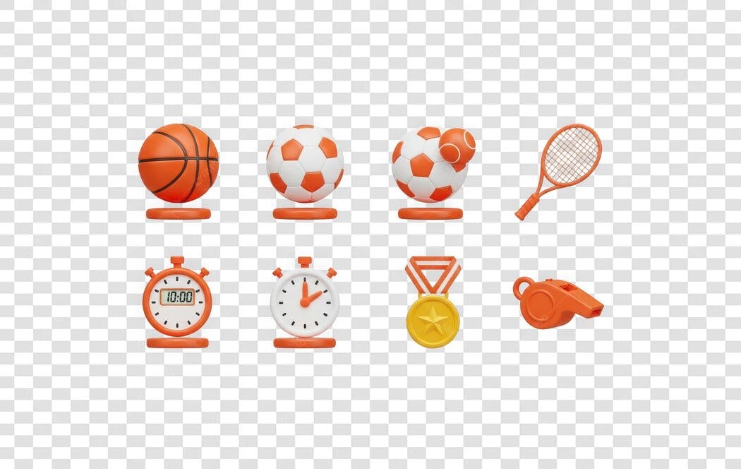 Elemento 3D Esportes Bolas Medalha Apito PNG Fundo Transparente
