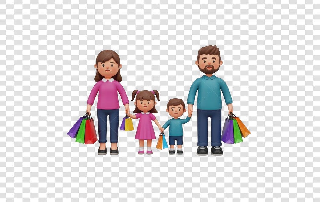 Elemento 3D Família Compras Sacolas Coloridas PNG Fundo Transparente