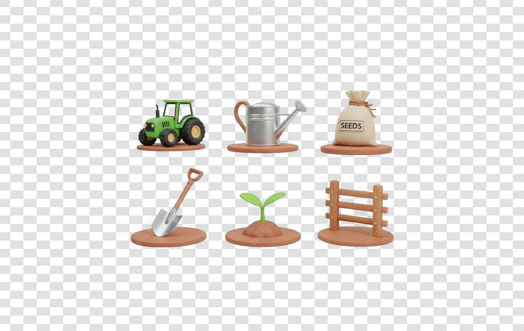Elemento 3D Ferramentas Agrícolas Sementes Trator PNG Fundo Transparente