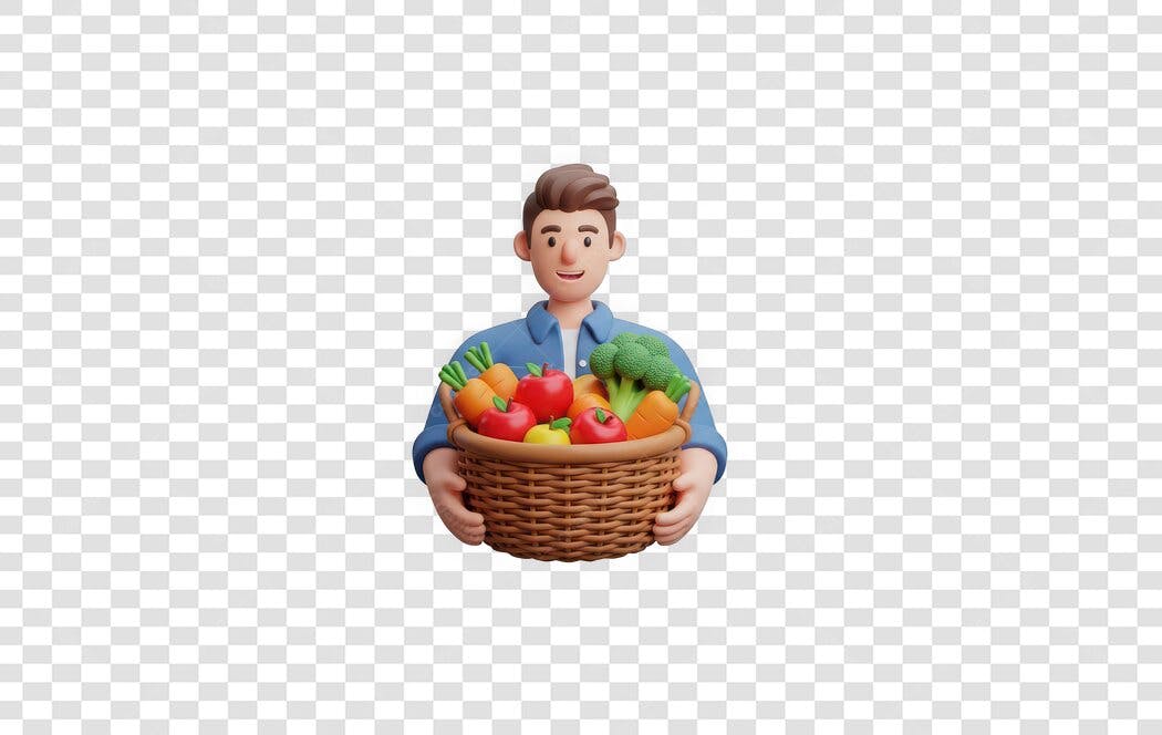 Elemento 3D Homem Cesta de Vegetais PNG Fundo Transparente