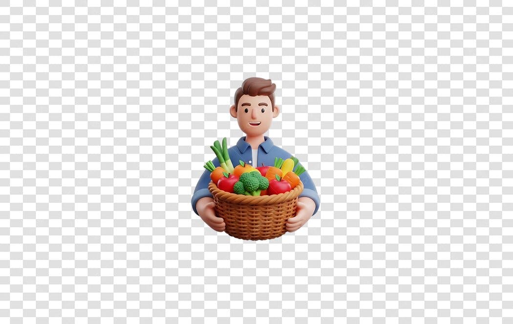 Elemento 3D Homem com Cesta de Vegetais PNG Fundo Transparente
