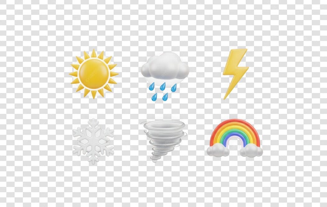 Elemento 3D Ícones Clima Sol Chuva Arco-íris PNG Fundo Transparente
