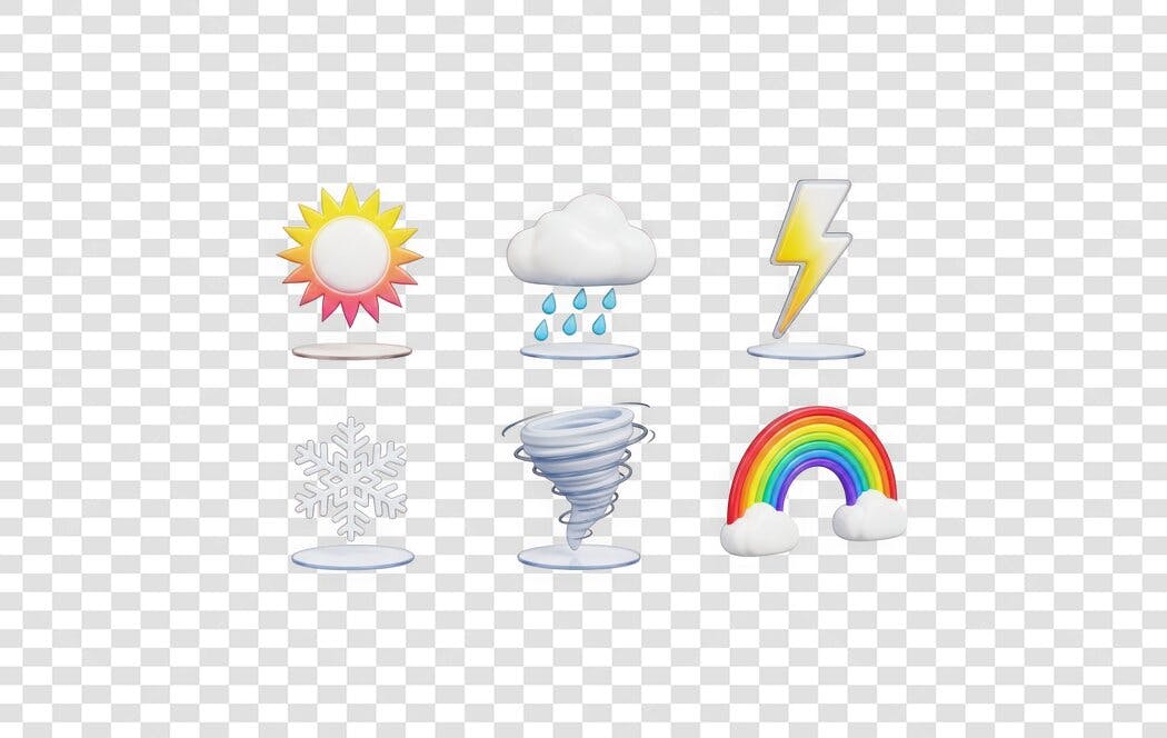 Elemento 3D Ícones Clima Sol Chuva Arco-Íris PNG Fundo Transparente
