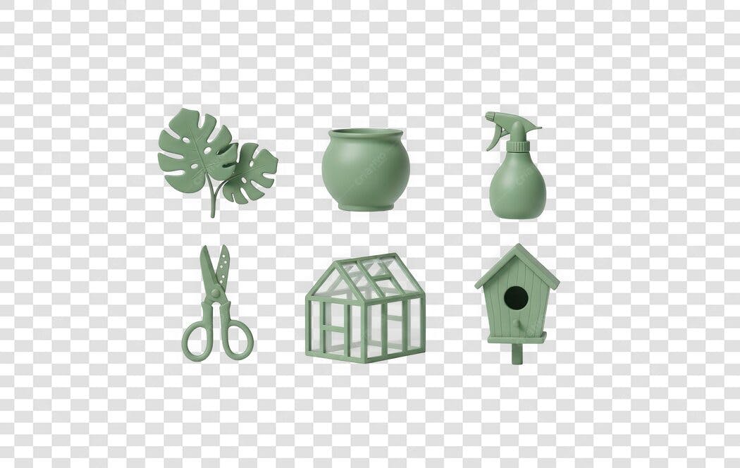 Elemento 3D Kit Jardinagem Verde PNG Fundo Transparente