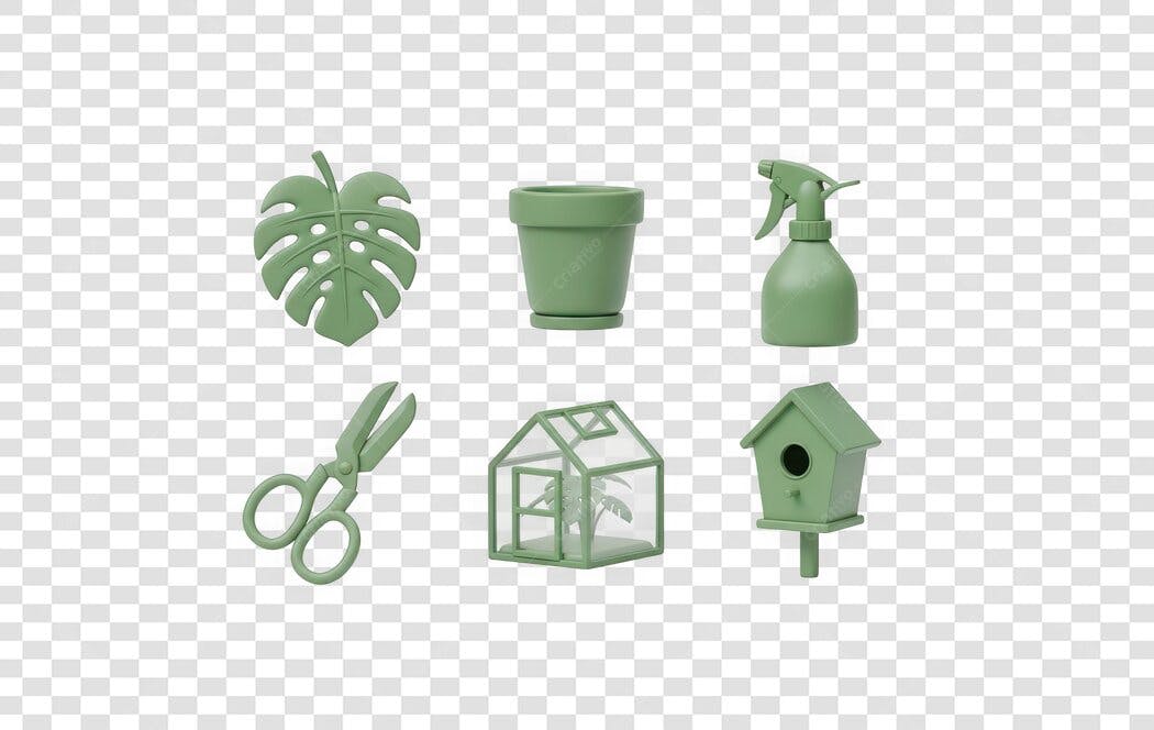 Elemento 3D Kit Jardinagem Verde PNG Fundo Transparente