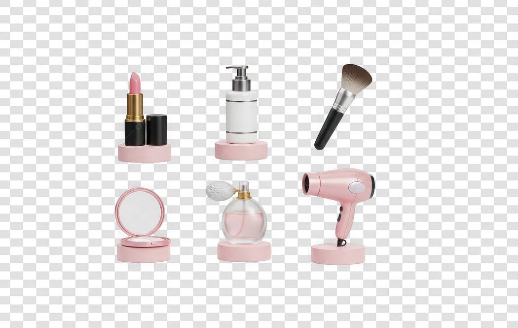 Elemento 3D Kit Maquiagem e Beleza Rosa PNG Fundo Transparente