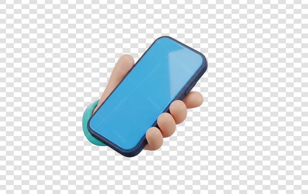 Elemento 3D Mão Segurando Celular Azul PNG Fundo Transparente