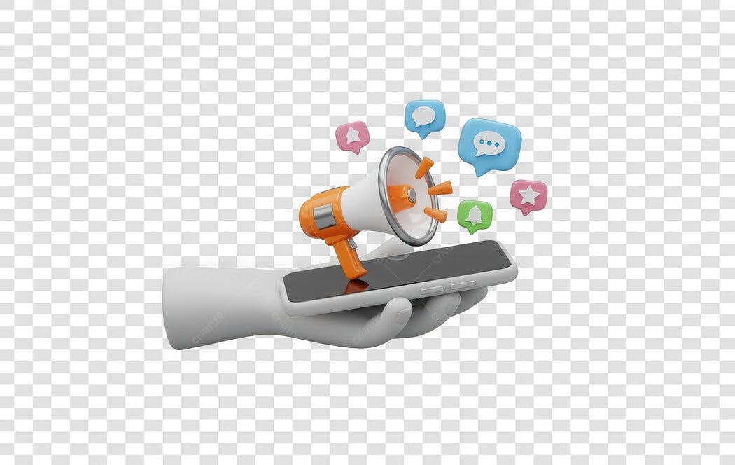Elemento 3D Mão Segurando Celular Marketing Digital PNG Fundo Transparente