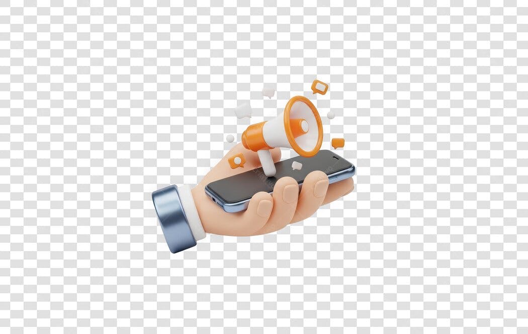 Elemento 3D Mão Segurando Celular Megafone Marketing PNG Fundo Transparente