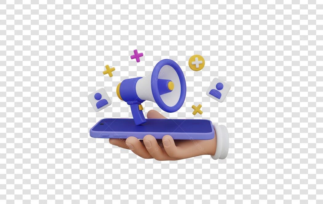 Elemento 3D Mão Segurando Celular Megafone Marketing PNG Fundo Transparente